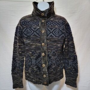 Peruvian Connection Brown Blue Aztec Wool Cardigan Sweater Women's Size M